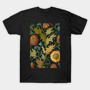 Floral Garden Botanical Print with Fall Gold Flowers Sunflowers and Leaves T-Shirt